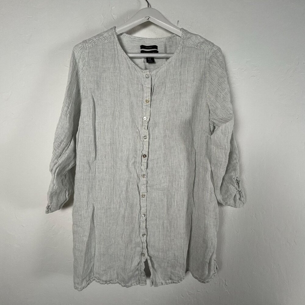 Tahari Womens 100% Linen Striped Button-Down Tunic Top 1X White/Blue Lightweight